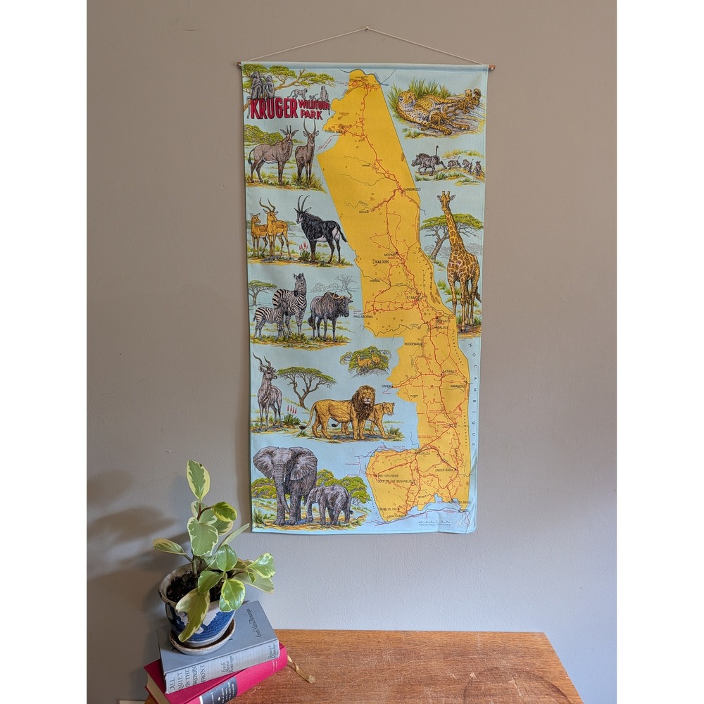 Vintage Kruger Wildtuin Park Linen Map Hans Kumpf Safari Fabric Wall Hanging 70s
